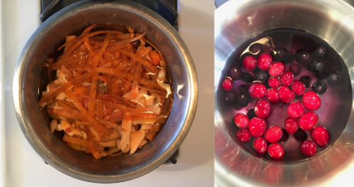 Plants and fruits in a saucepan filled with water.